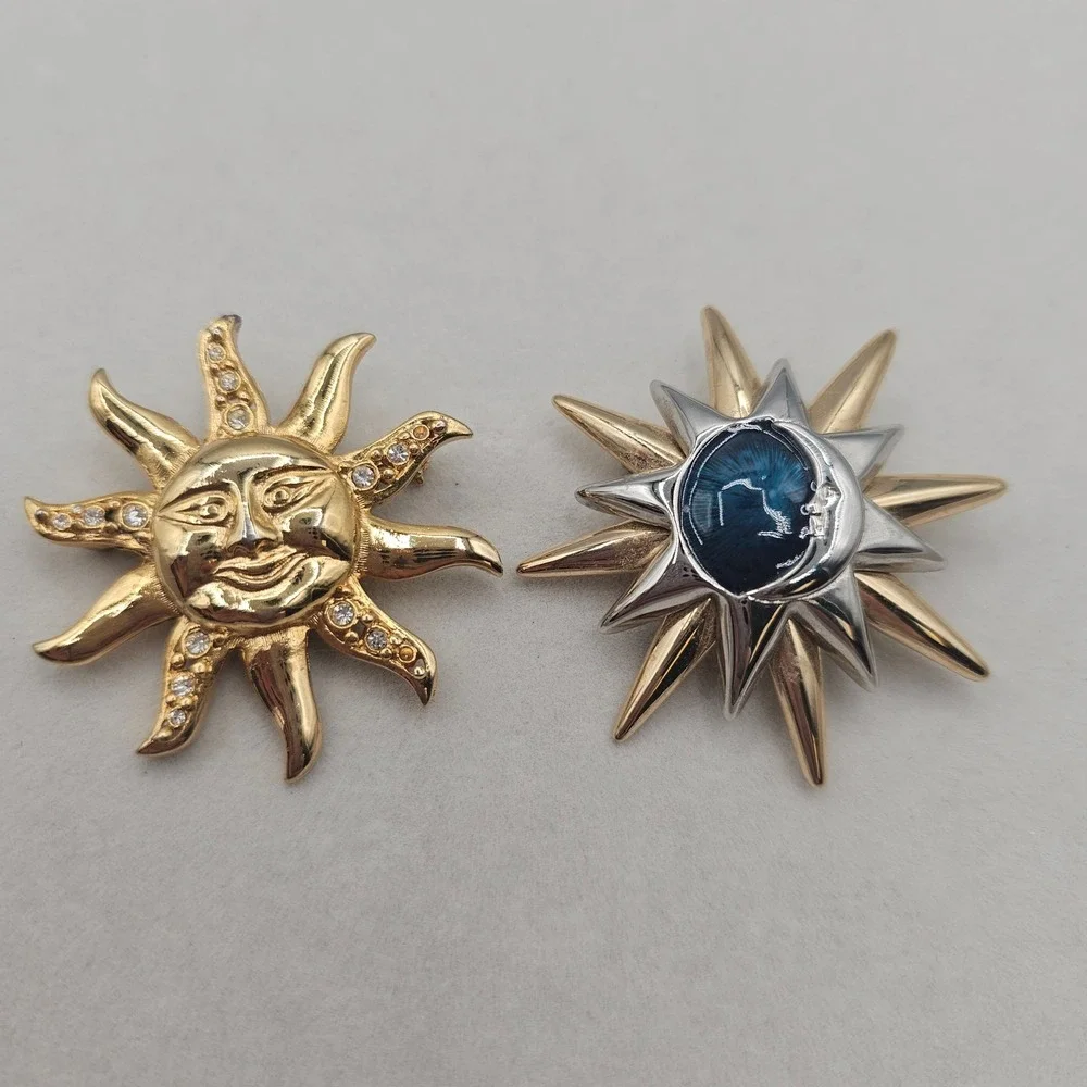 Celestial Sun & Moon Brooch Pin 2pc Gold Silver Tone Blue Enamel Rhinestone